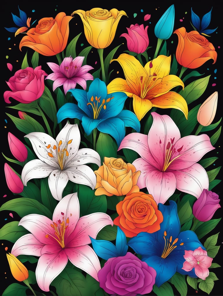 create a vivid colorful a4 size cover page for coloring book on flowers. Black background many colorful flowers make the cover bright and vivid where the flowers are overlapping each other, include roses lily's and other flowers on the cover page make the colours bright in two tone and let the colours pop