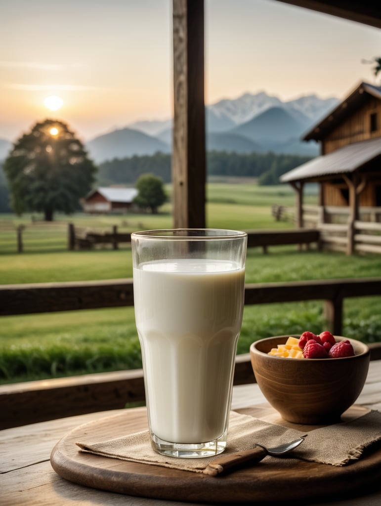 A mockup of a glass of milk, early morning, farm breakfast, blurred background