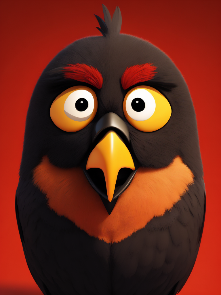 angry birds black bird on red background, standing centered in 3D style, rendered using beautiful Disney animation, Pixar style, Disney style, 3D style