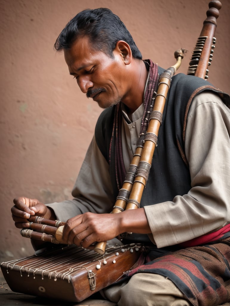 A Gaine the traditional musician of Nepal playing Nepali Sarangi