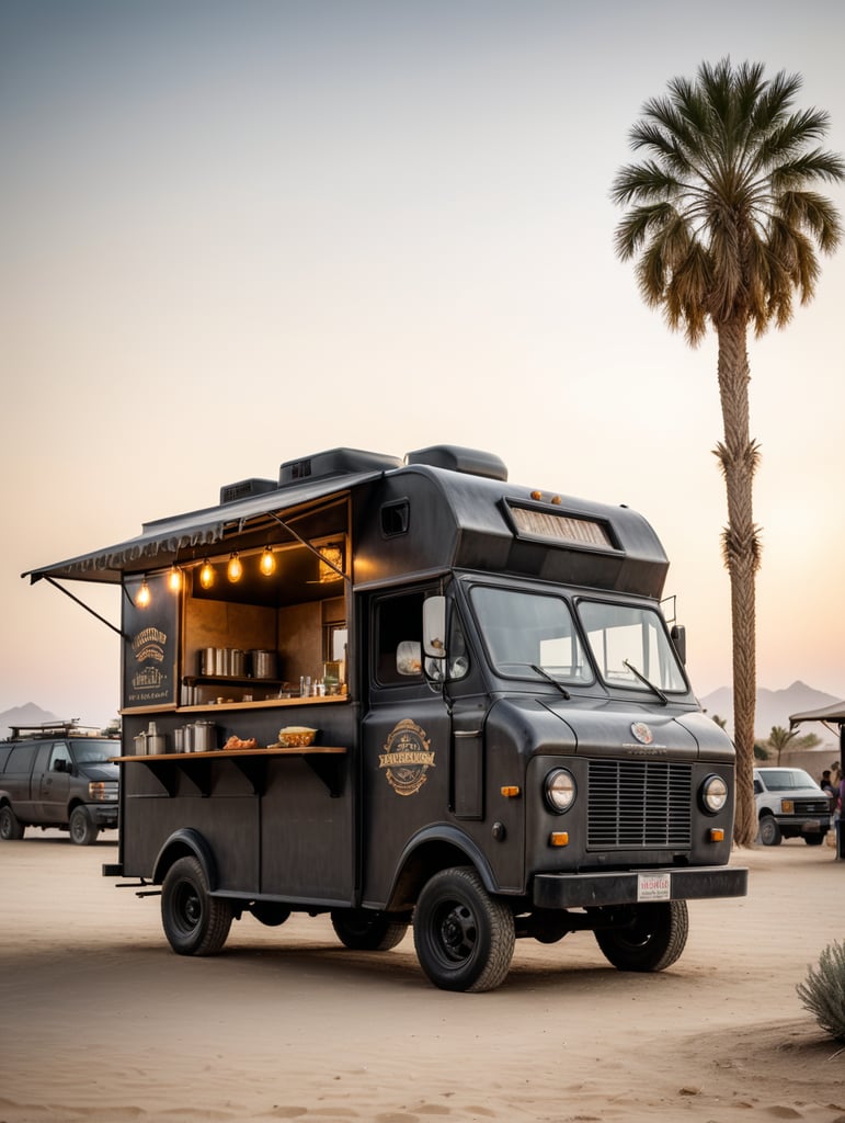 Side view of a small dark grey vintage mexican food truck in the middleof a desert, soft light, muted colors, A summer festival in the far away in the background