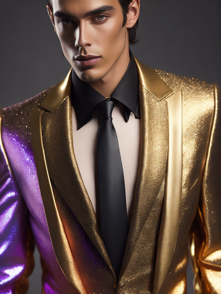 Male super model in a shiny metallic suit, Movie light, Photography, studio photo, professional photo, Rich colors, Detailed image, detailed face, style of James Bidgood