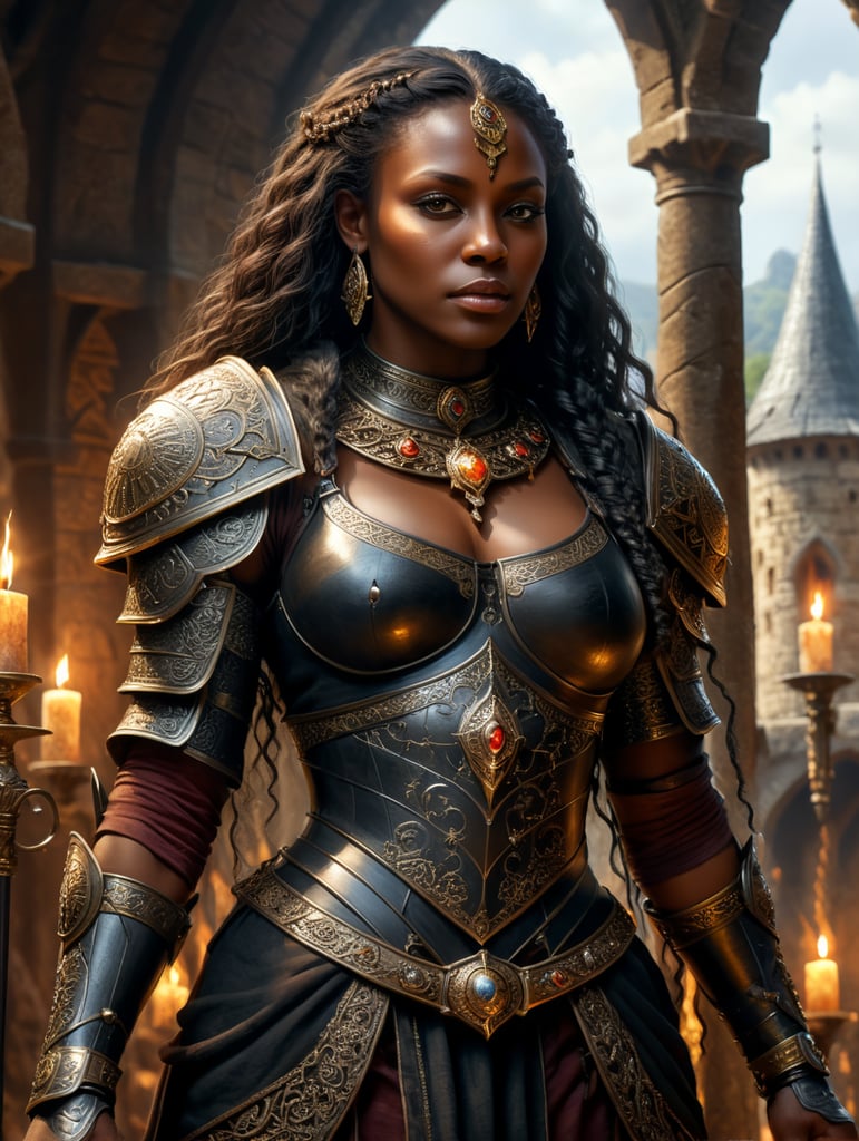 Dark Skinned Black woman who looks to be in a magical fantasy medieval ages as a cleric