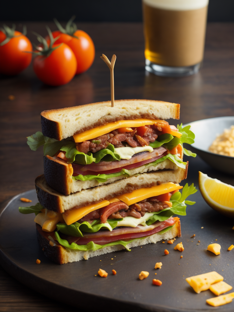 A mouthwatering club sandwich captured in high definition, featuring layers of crispy bacon, juicy luncheon meat slices, fresh lettuce, ripe tomatoes, and melted cheddar cheese, oozing with creamy mayo and mustard, on lightly toasted whole-grain bread, Photography, macro lens f 2.8, --ar 1:1 --v 5.