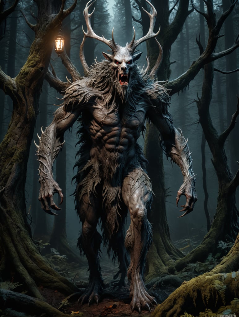 Horror movie creature, wendigo, dark forest background