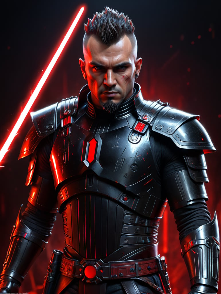 Brunette, male, mohawk, sith Lord, Star wars, red lightsaber