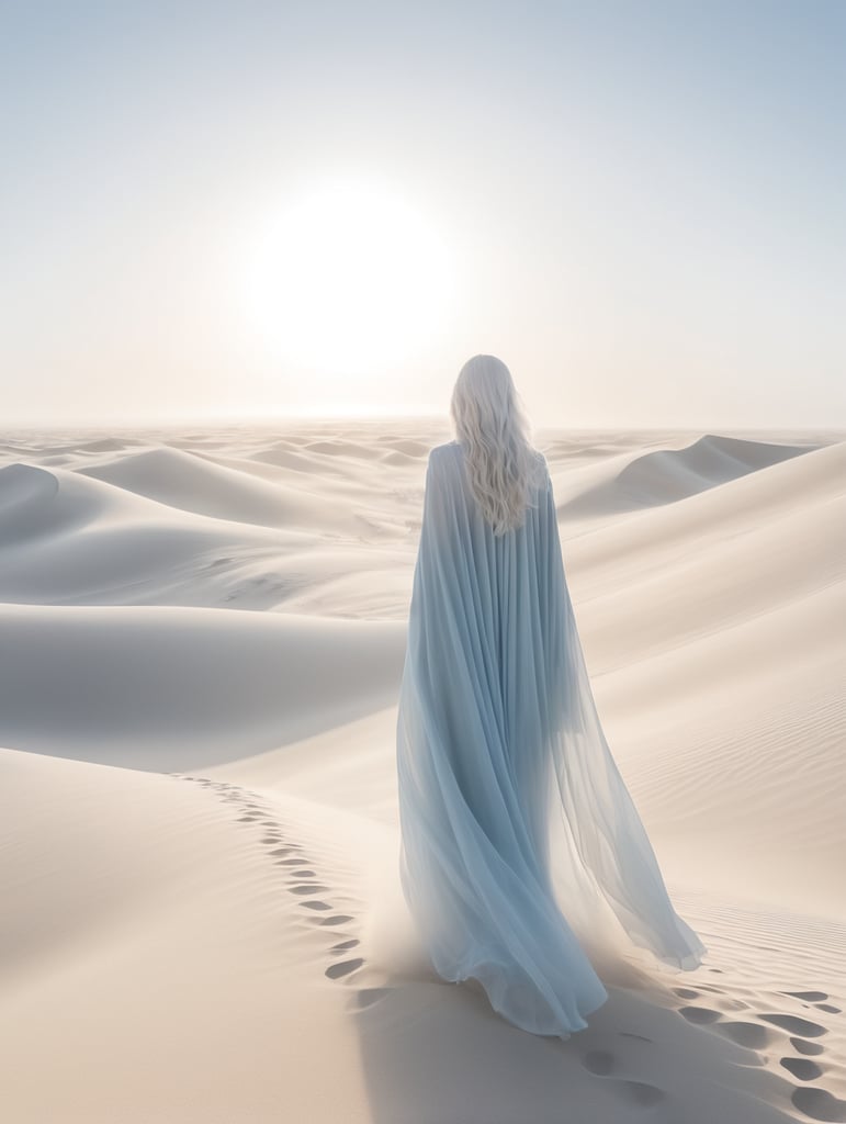 view from behind(((ethereal misty blue cloaked woman figure))), clad in light tones, advancing through a (((dunescape))) under a (rising sun), with (vast, silvery sand dunes) reflecting an otherworldly light around its surroundings, abstract art
