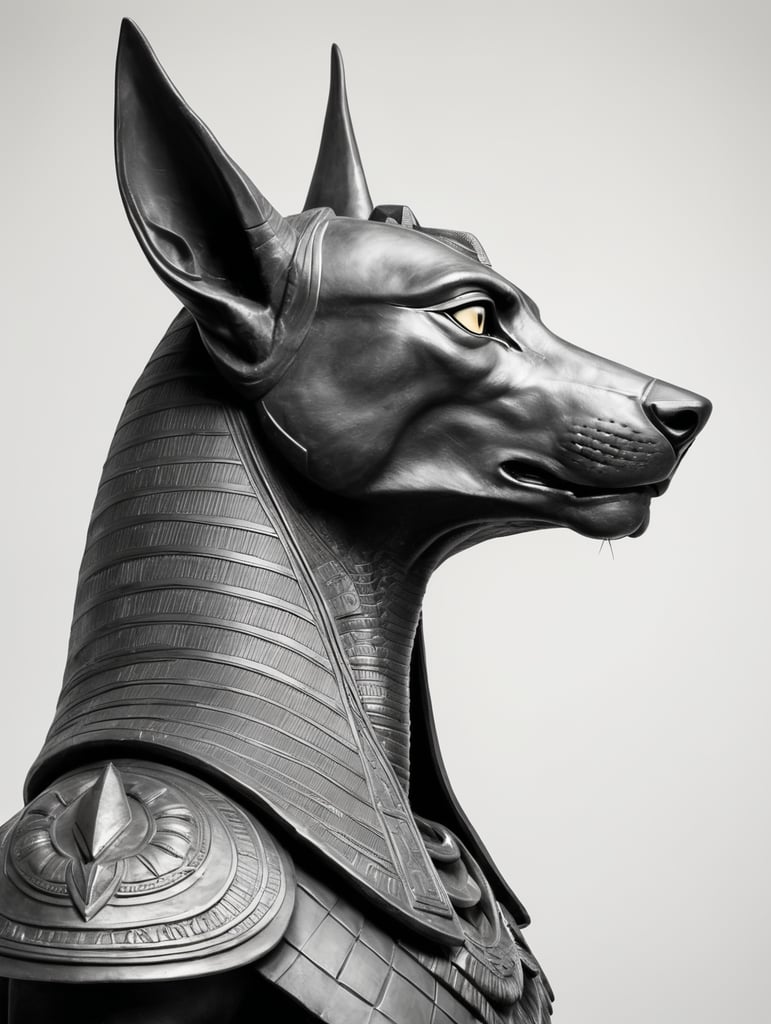 Anubis statue. Side view. Long nose. Upper body and head. Torso. Head. Egyptian warrior. mysterious. Majestic. Solemn. White background. Strong eyes. Grey skin. Black and grey and white image