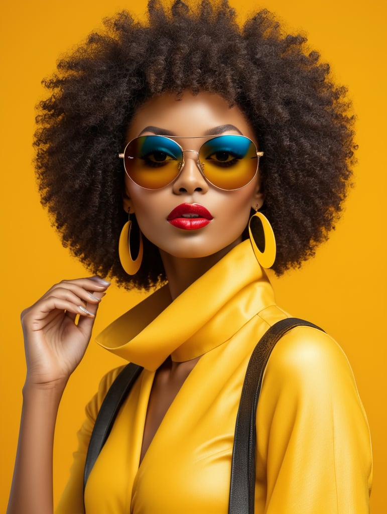 African woman with afro hair style wearing sunglasses, fashion shoot, only face, yellow background, studio photography, magazine cover, ultra bright colors