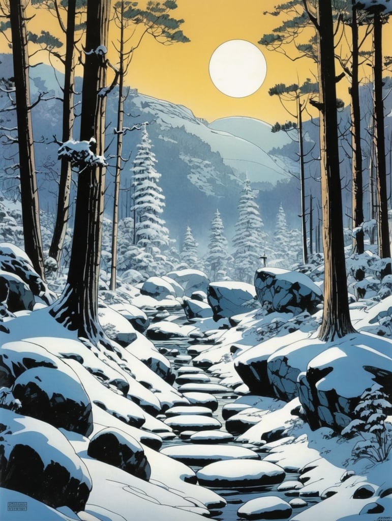 winter wood Illustration, rocks, Comic, DC Comics, Marvel, Cover art, style of Arthur Adams