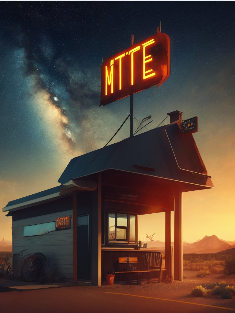 Small vintage motel located near the highway with a large neon sign, night with starry sky, bright colors, contrasting shadows, deep dark atmosphere, tumbleweed, desert and mountains on the horizon, incredible details, sharp focus