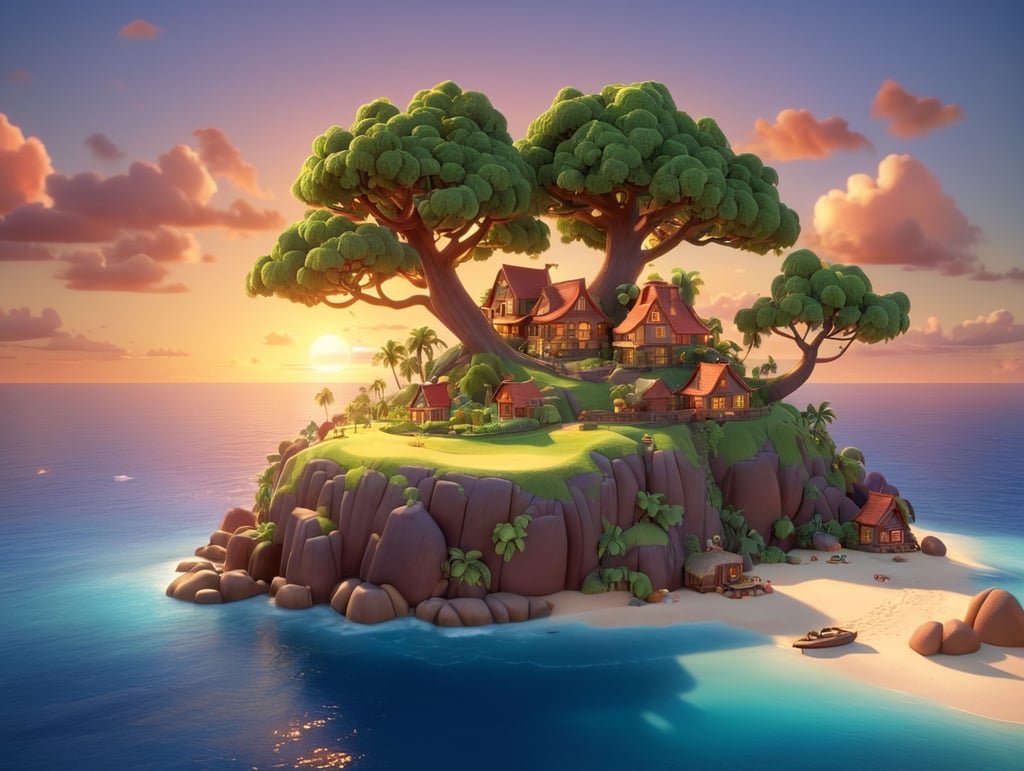 island sunset, in 3D style, rendered using beautiful Disney animation, Pixar style, Disney style,