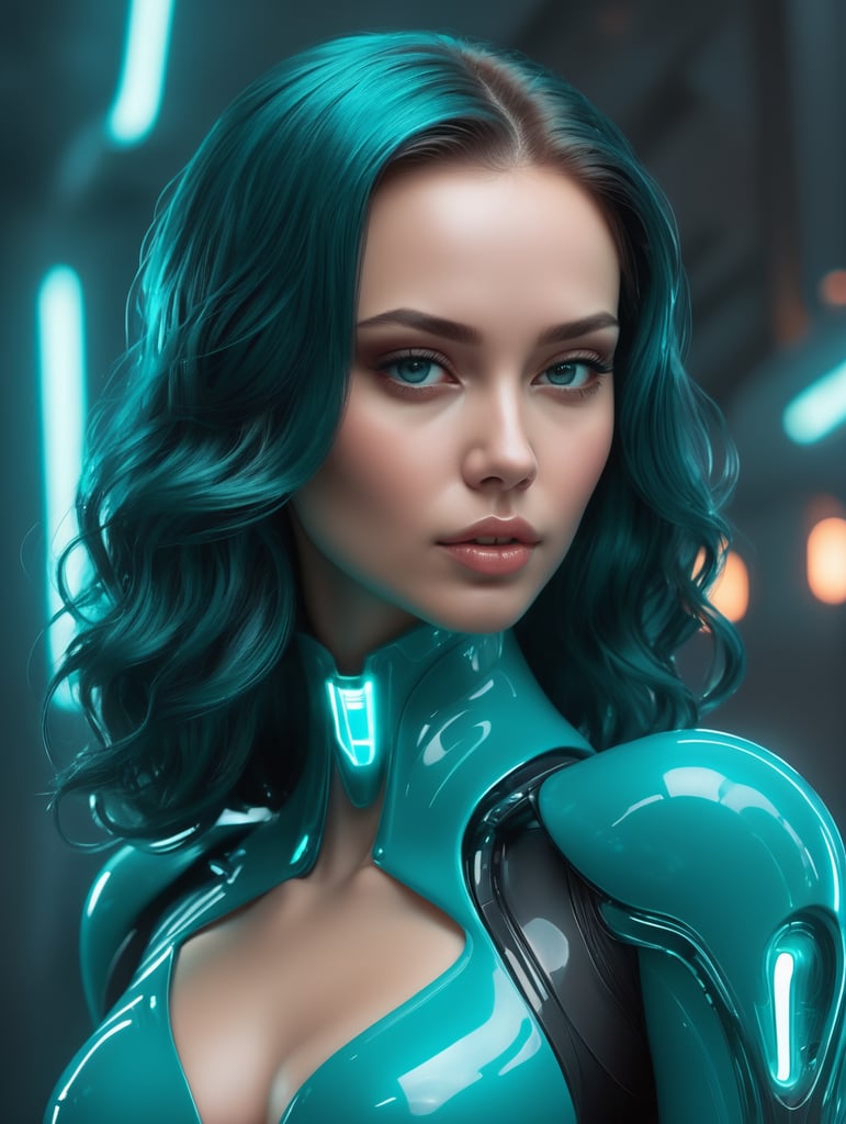 futuristic female by elmopix, in the style of neon realism, dark cyan, nikita veprikov, softly luminous, shiny, resin, smooth curves