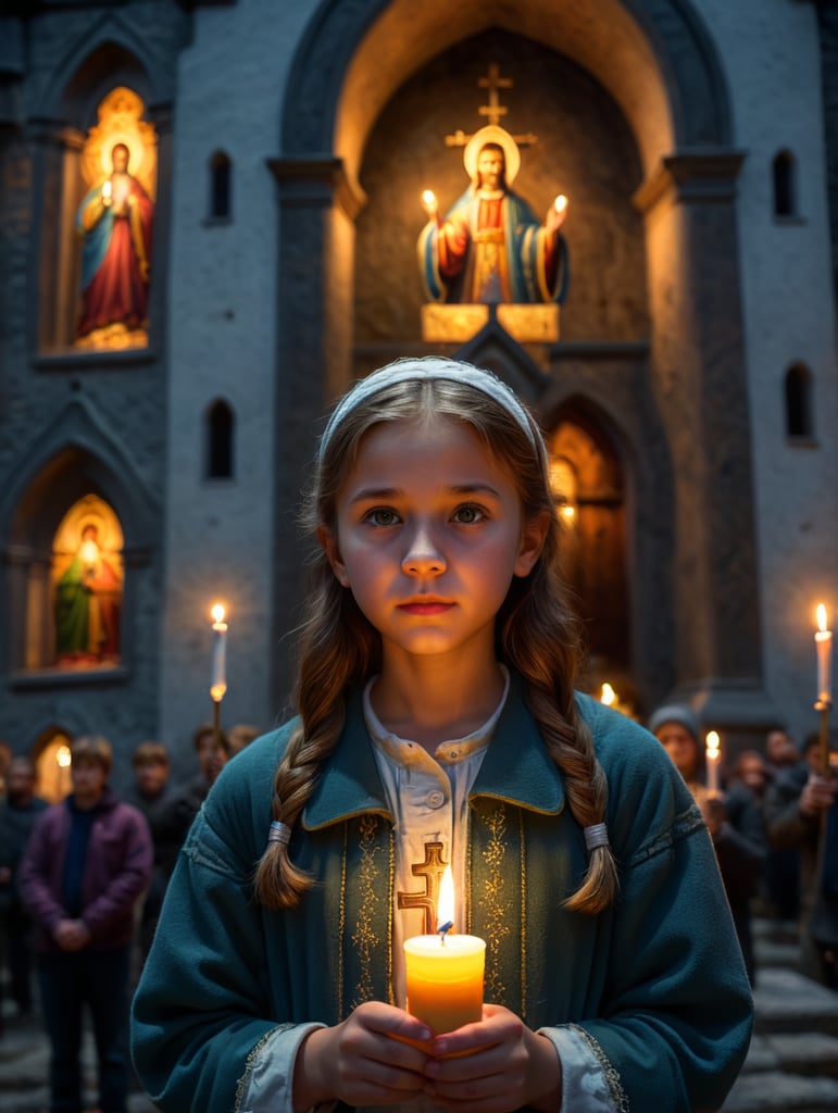 orthodoxe easter, a girl holding a candle outside church, night