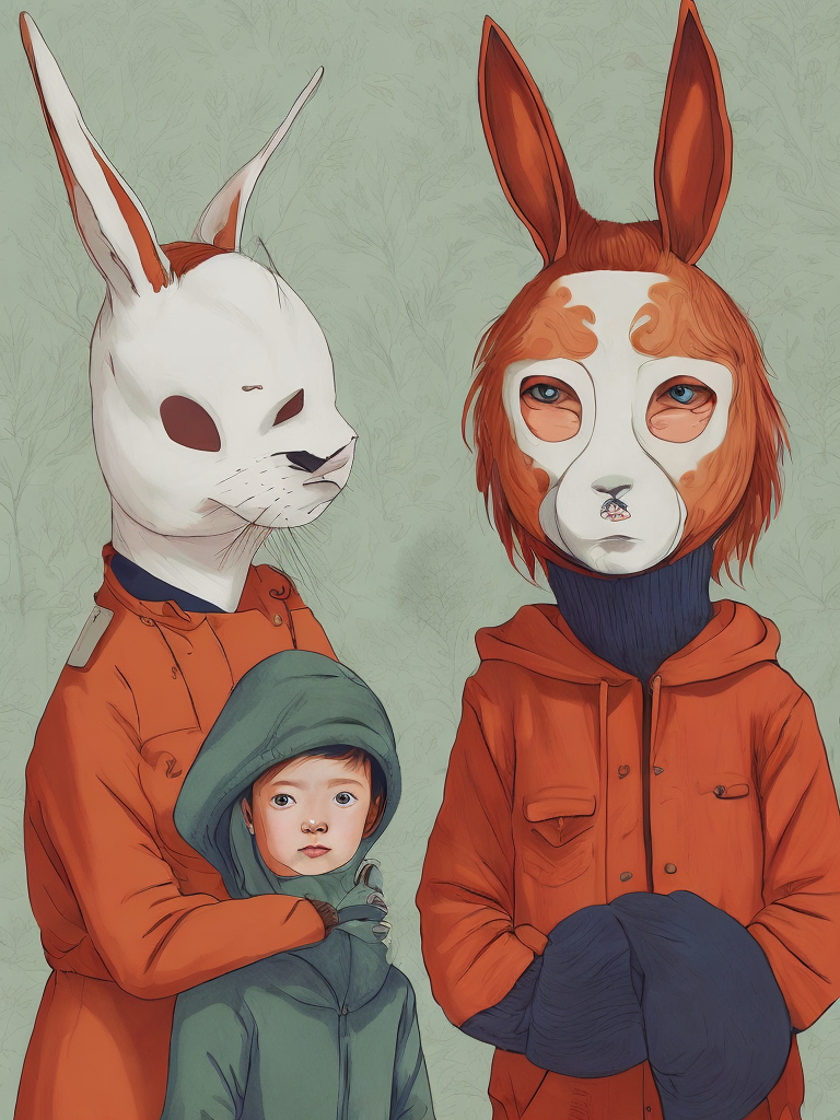 an illustration of people who are standing with two masks on, in the style of ren hang, naive childlike, medicalcore, depiction of animals, alex gross, polychrome terracotta, bunnycore