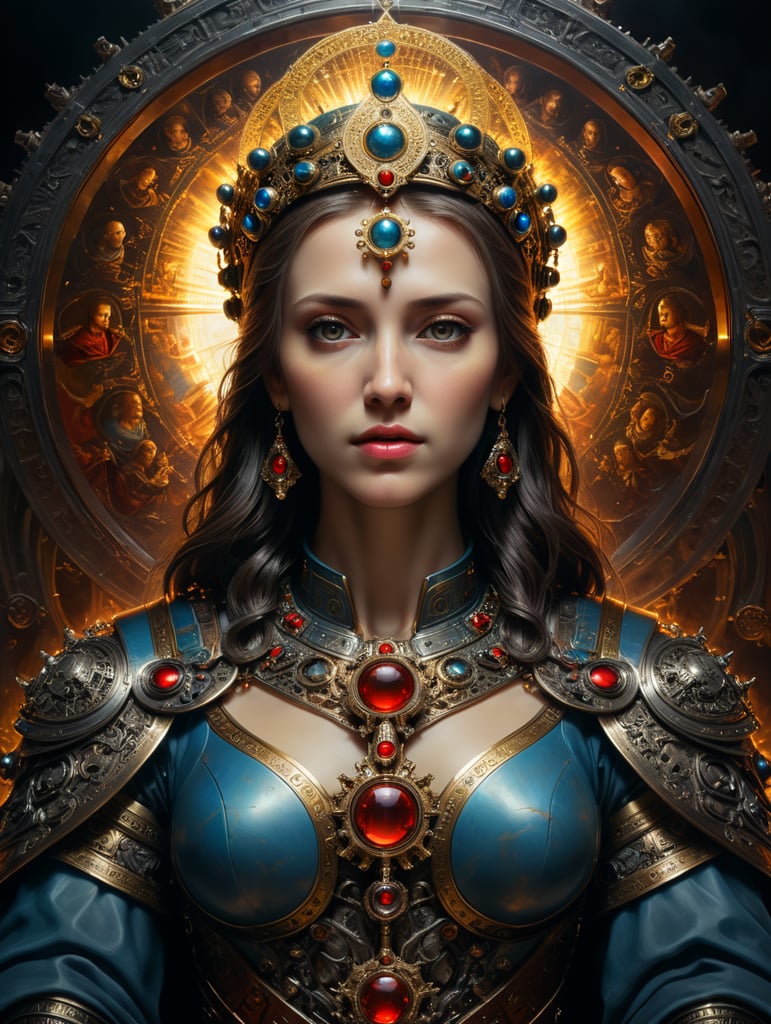 a masterpiece with mother of god in style of Modern portrait fusion of technology in minimalist design, technological designs and deep depth