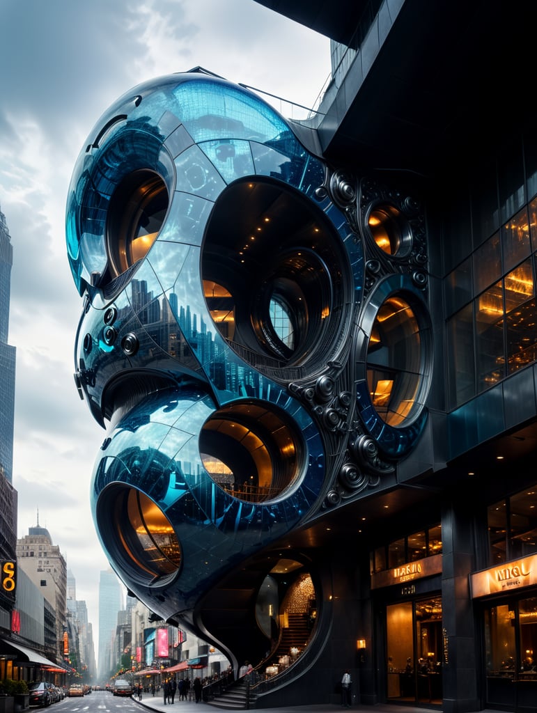 A futuristic neocosmic architectural facade of à Restaurant on the form of a musical note, in New York city, in blue glass, hyper realistic, hyper detailed, Nikon camera