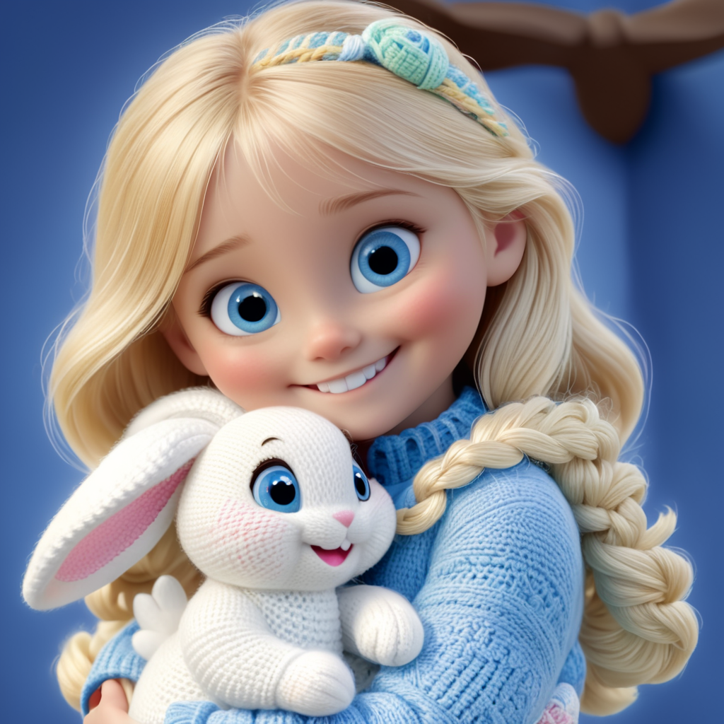 girl with blonde hair and blue eyes, smiling and hugging a white crocheted bunny in her hands, with skeins of yarn around her, generated in Disney Pixar 3D style