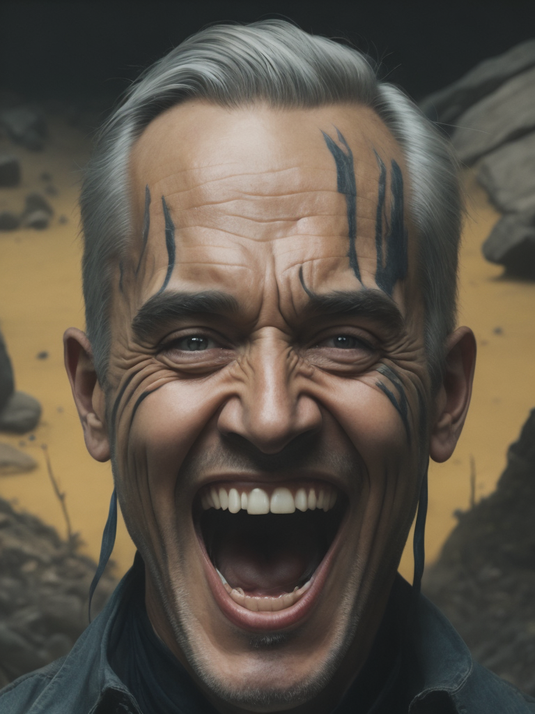 a painting depicting the head of a man with teeth, in the style of artist alex gross, dynamic colors, clear focus, surrealism, psychedelic overload, steve sack, highly detailed figures, nightmare, exuberant