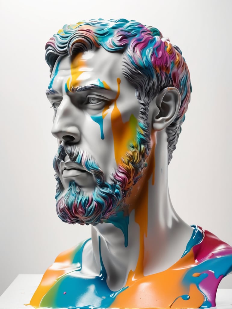 greek male bust with colorful paint, melted, the paint is flowing, aesthetic background