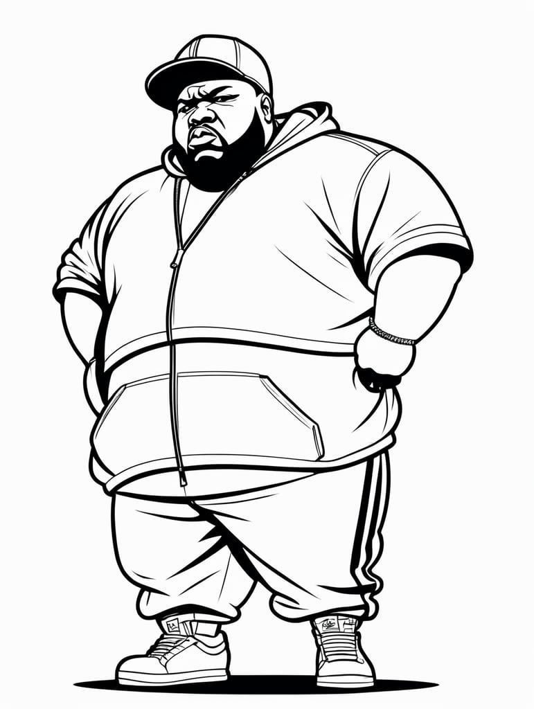 angry fat black rapper, in the style of basic simple line art vector comic art on white background
