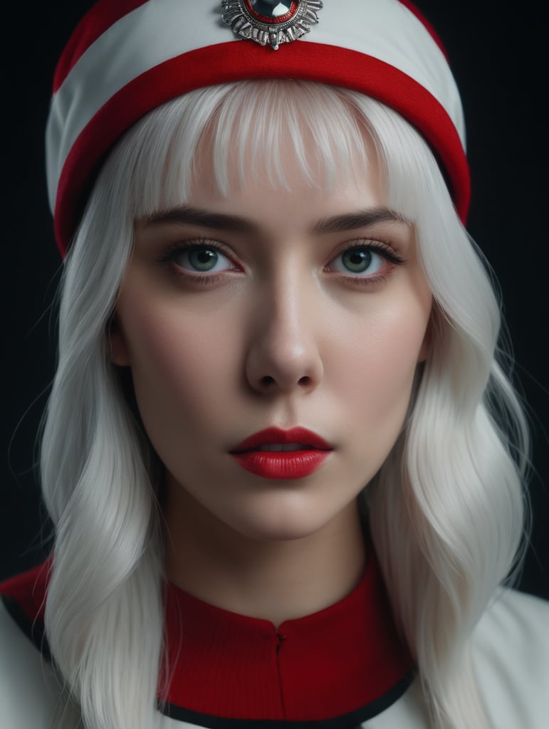 a young women with white hair and red hat on his head is wearing a white lacket, isolated, white background