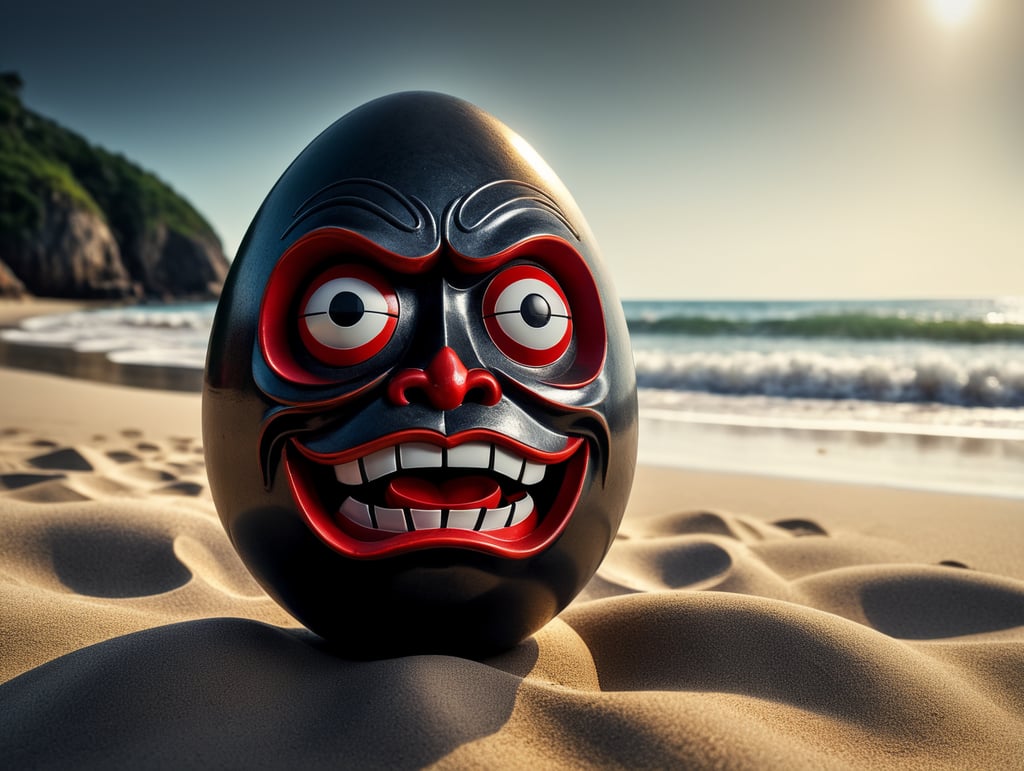 Japanese happy daruma figure as an egg. Situated on a beach close to the sea. Left has no pupil