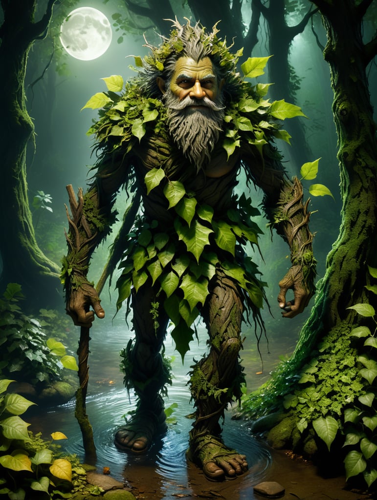 A small wood spirit dressed in ragged clothes made of leaves and bark, untidy hair, straggly beard, green skin and friendly faces walking, in a dark English wood at night. The only light coming from a silver moon. Sandals on his feet made of ivy. Standing beside a small pool of water. Surrounded by bushes.