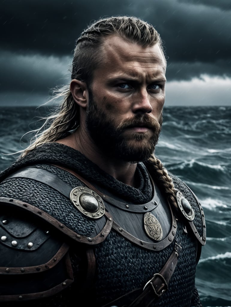 A portrait of viking warrior at the boat in the ocean, stormy weather