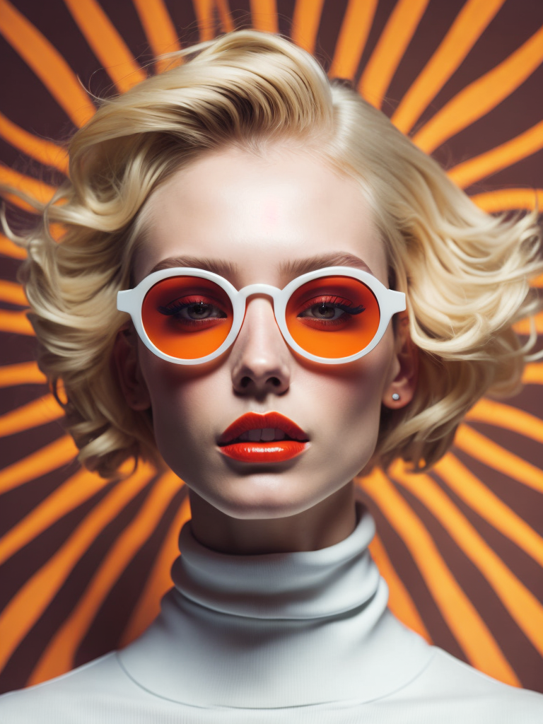 Pale-skinned girl model, wearing a high-necked dress, contrast lighting, white sunglasses with red-orange lenses, red lips, blonde hair in a bob style, dark background with orange-red rays, fashion model, magazine cover, professional shot,