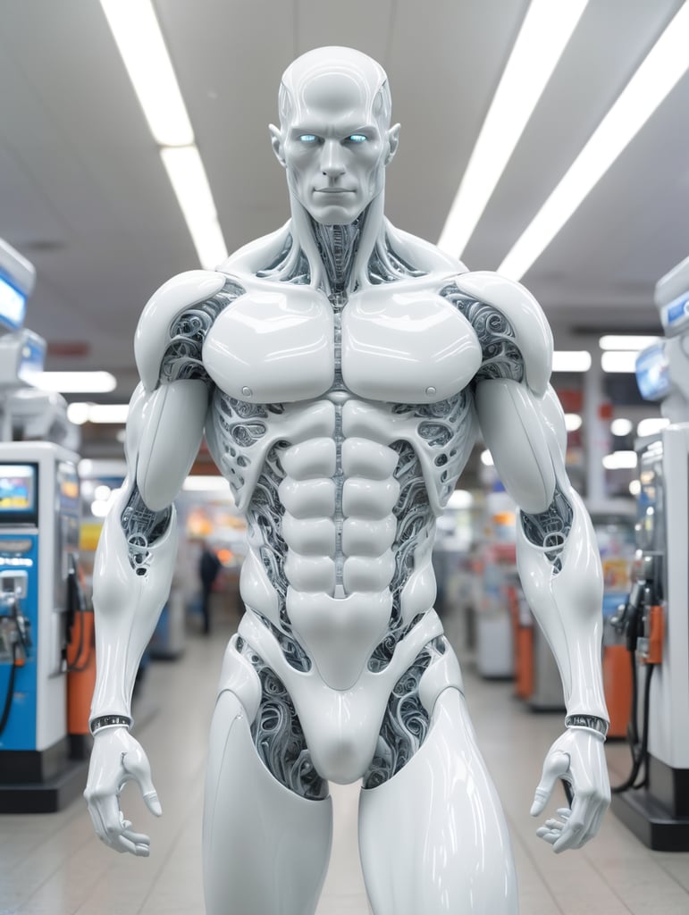 detailed photos of something humanoid men made entirely of otherworldly luminescent and translucent liquid materials, on night gas station, you can see all the inside of his body, supernatural style, realistic style, infinite ultra high definition image quality and rendering, infinite image detail, infinite realistic render, infinite realistic RTX global illumination, infinite special effect