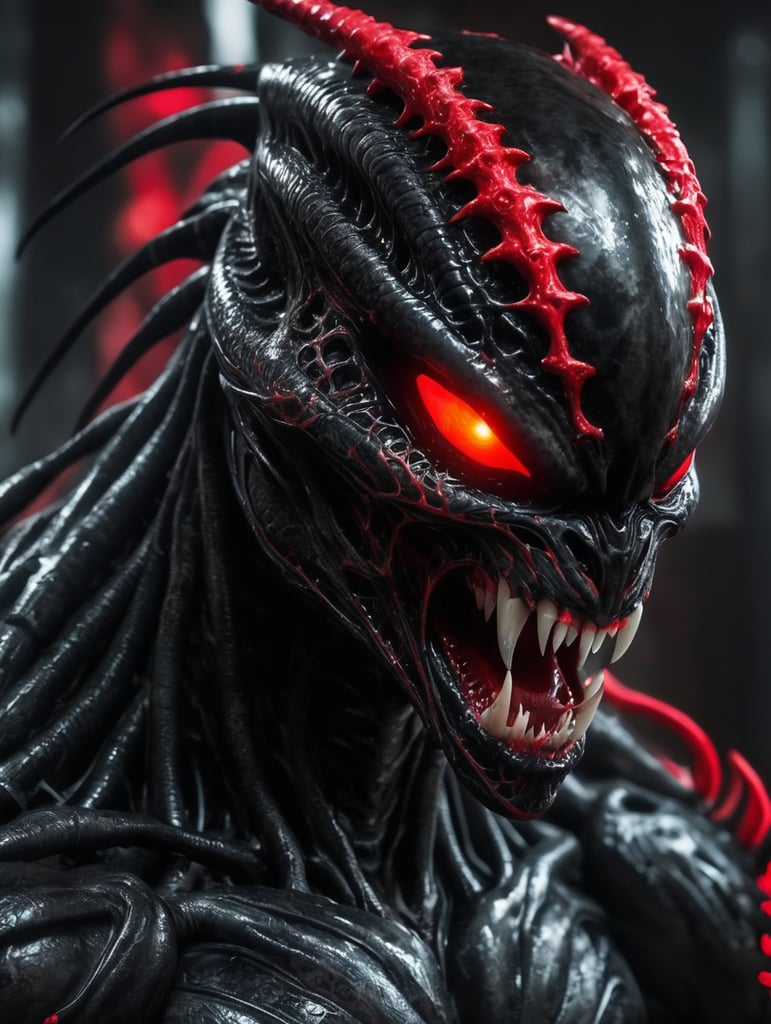 alien venom symbiote predator, gothic background, glowing neon skin tone, red eyes, horror movie theme