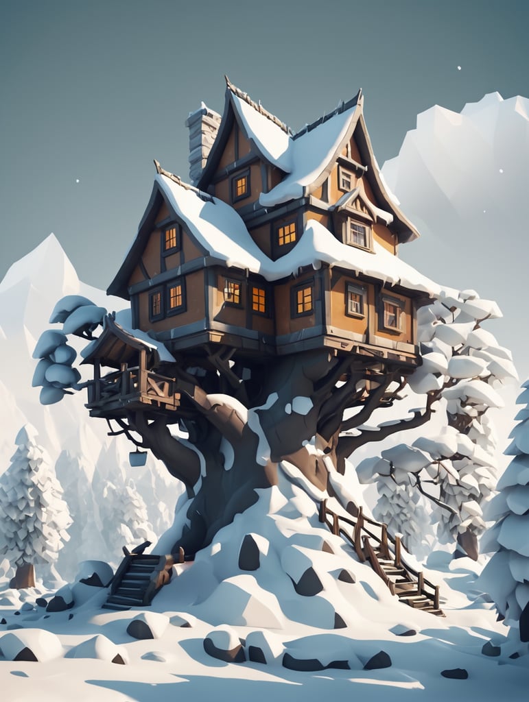 Dwarves' house on a branching tree, a lot of snow, low poly style