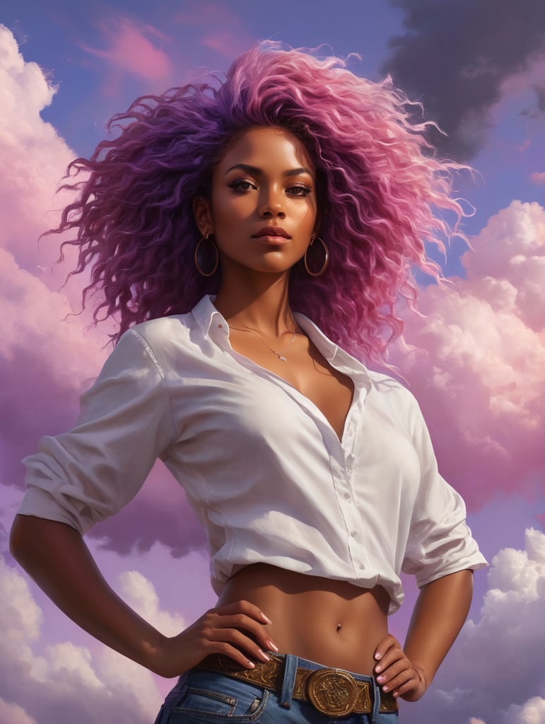 a woman with afro hair and a white shirt is standing in front of a purple sky with clouds and a pink hair, upperbody, midriff, Brom, flat colors, a character portrait, digital art, dark-skinned_female, dark_skin, navel_piercing, off_shoulder, pink_hair, purple_background, sky, long_hair