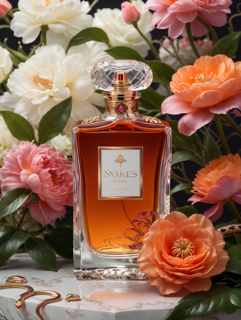 Luxury perfume bottle with blanc label, snakes next to the bottle, floral background, pink and orange flowers