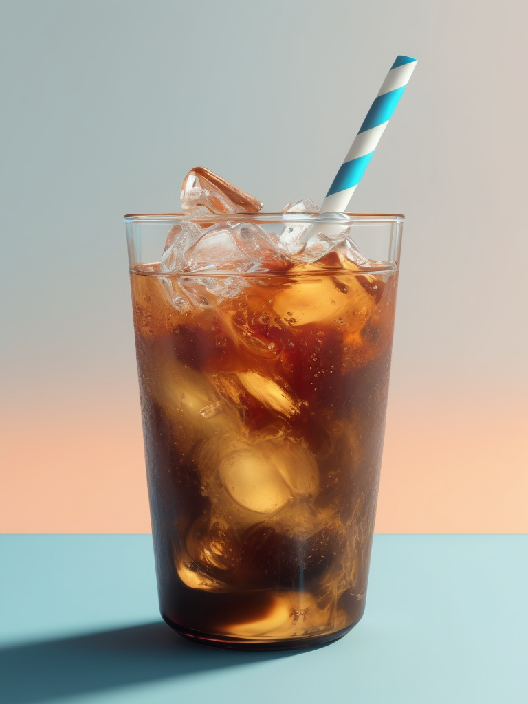 Glass with cold brew coffee and ice and a straw, pink-blue background, sharp on details