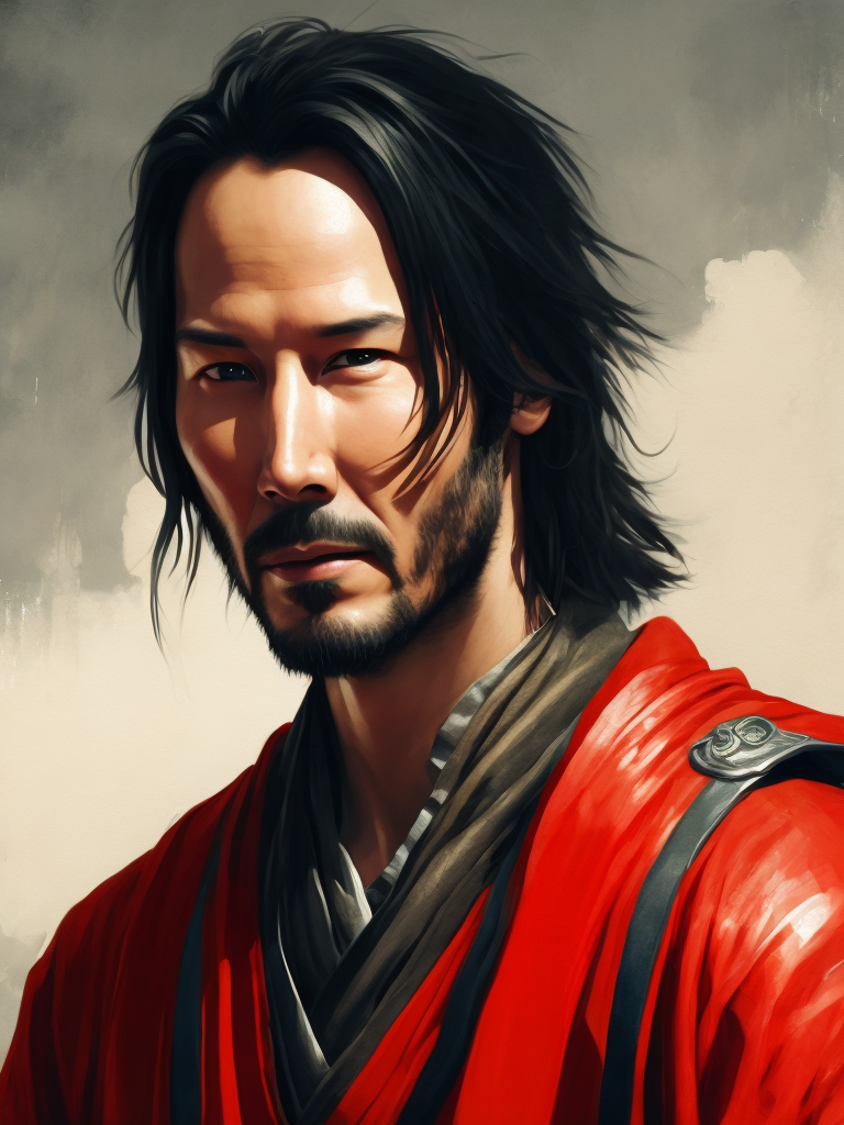 Portrait of Keanu Reeves as a samurai in a red kimono, serious look, detailed background in an oriental style, bright saturated colors