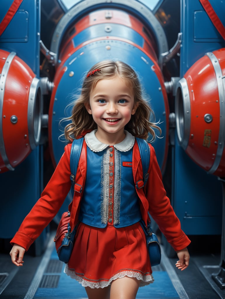 photo happy little girl going to travel, cute girl, dressed in all red, blue background, harpers bizarre, cover, headshot, hyper realistic