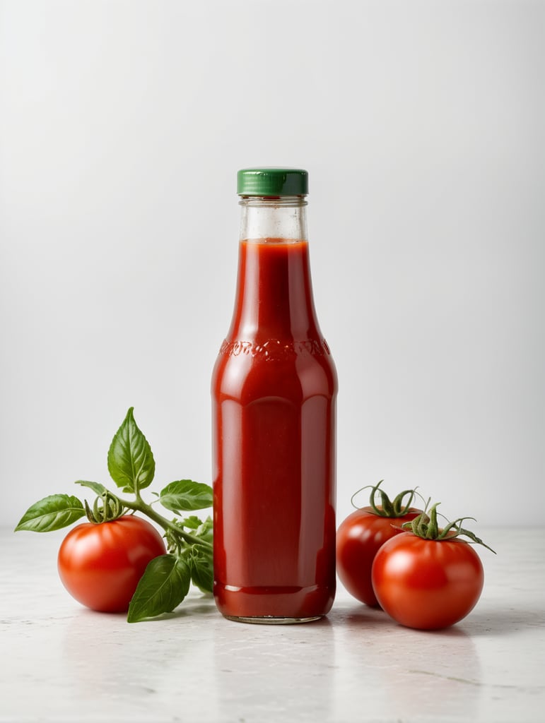 tomato ketchup bottle, red tomato with green leaves, isolated, white background, mockup