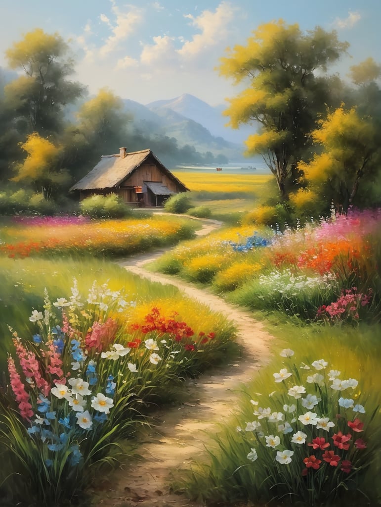 In a serene and picturesque countryside field, a vibrant combination of lush grass and a myriad of colorful flowers emerges, creating a mesmerizing sight that evokes a sense of tranquility and natural beauty. This breathtaking scene, reminiscent of a vintage oil painting, comes to life through the artistry of digital creation. Every brushstroke captures the delicate details of each blade of grass and petal of the flowers, exhibiting the mastery and precision of the artist. The image exudes a timeless charm and impeccable quality, inviting the viewer to immerse themselves in the idyllic charm of nature's splendor, oil painting strokes, oil painting noise