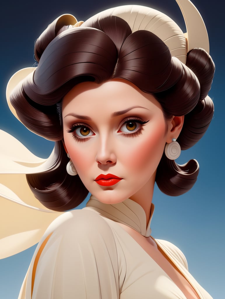 Illustration. Manga. Patrick Nagel. High Contrast. Flowing line. Shadow. Youthful Carrie Fisher as Princess Leia. Star Wars. Surreal minimalism. Pin up.