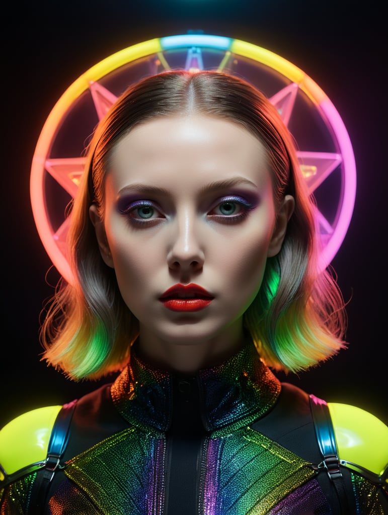 fashion portrait, surrealistic scene, spotlight, masterpiece, avantgarde, neon colors, style laurie simmons, minimal figures