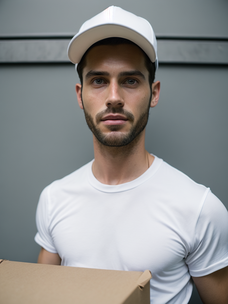 portrait of a delivery man, wearing a white cap and white t-shirt, holding a box