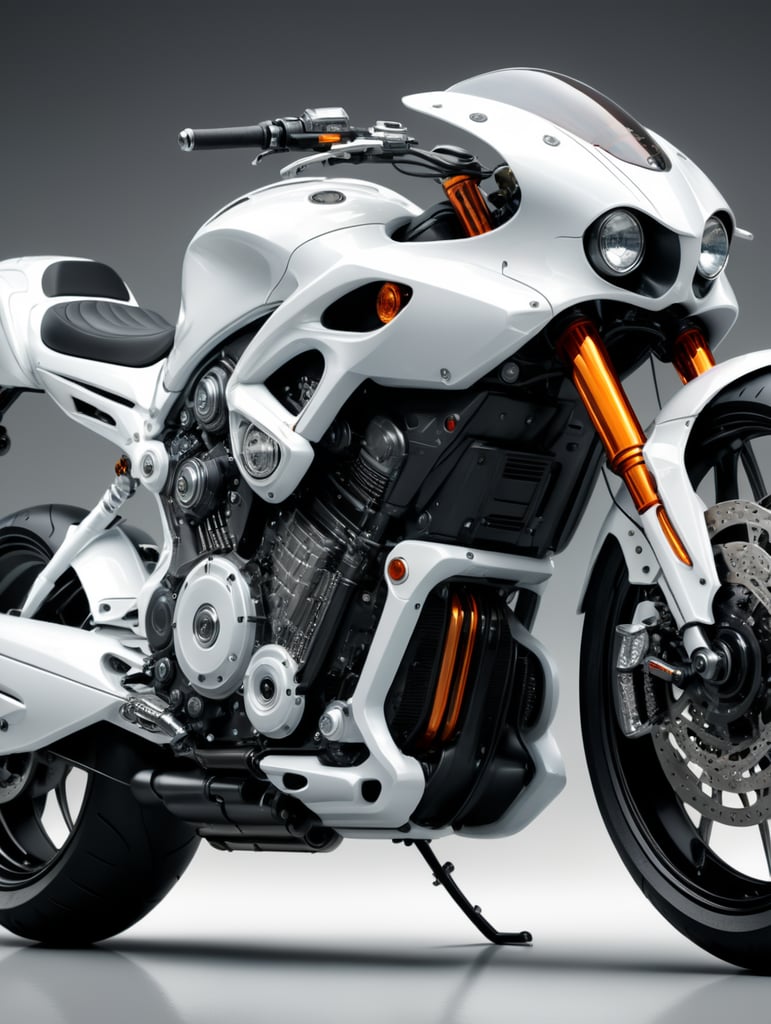 Futuristic white motorbike, low angle view, isolated, white background, mockup