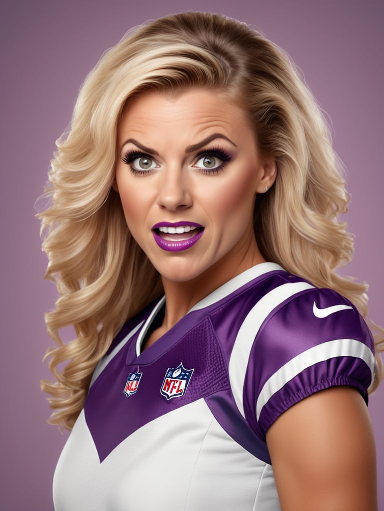 Portrait of a nfl cheerleader looking slightly shocked. Half body. Light purple background. Realistic.