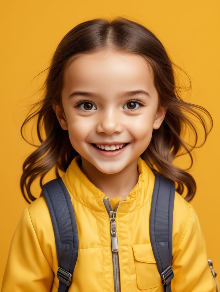 photo happy little girl going to travel, cute girl, dressed in all yellow, yellow background, harpers bizarre, cover, headshot, hyper realistic