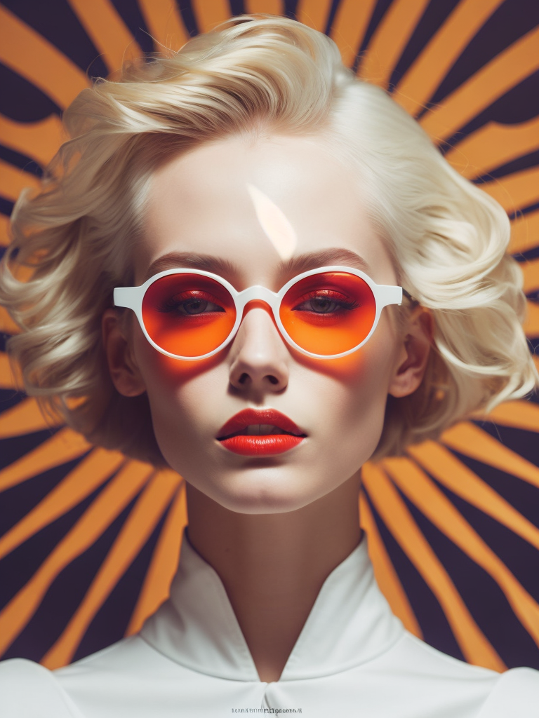 Pale-skinned girl model, wearing a high-necked dress, contrast lighting, white sunglasses with red-orange lenses, red lips, blonde hair in a bob style, dark background with orange-red rays, fashion model, magazine cover, professional shot,