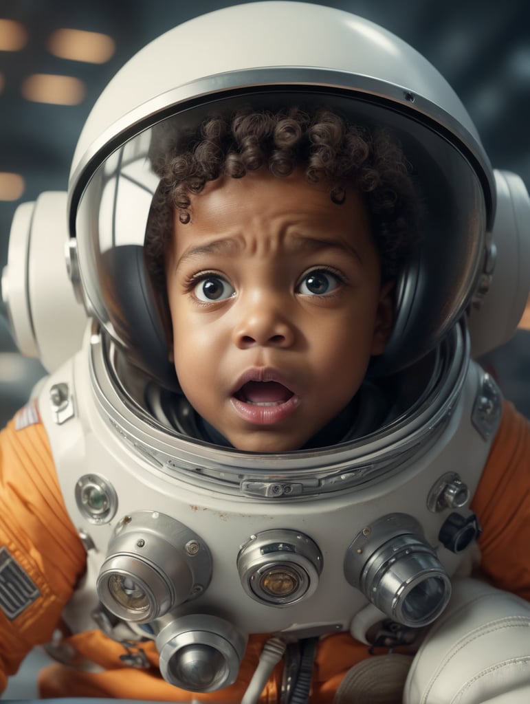a child in a space suit with a surprised look on his face, a photocopy by Stokely Webster, featured on cgsociety, afrofuturism, sense of awe, uhd image, behance hd
