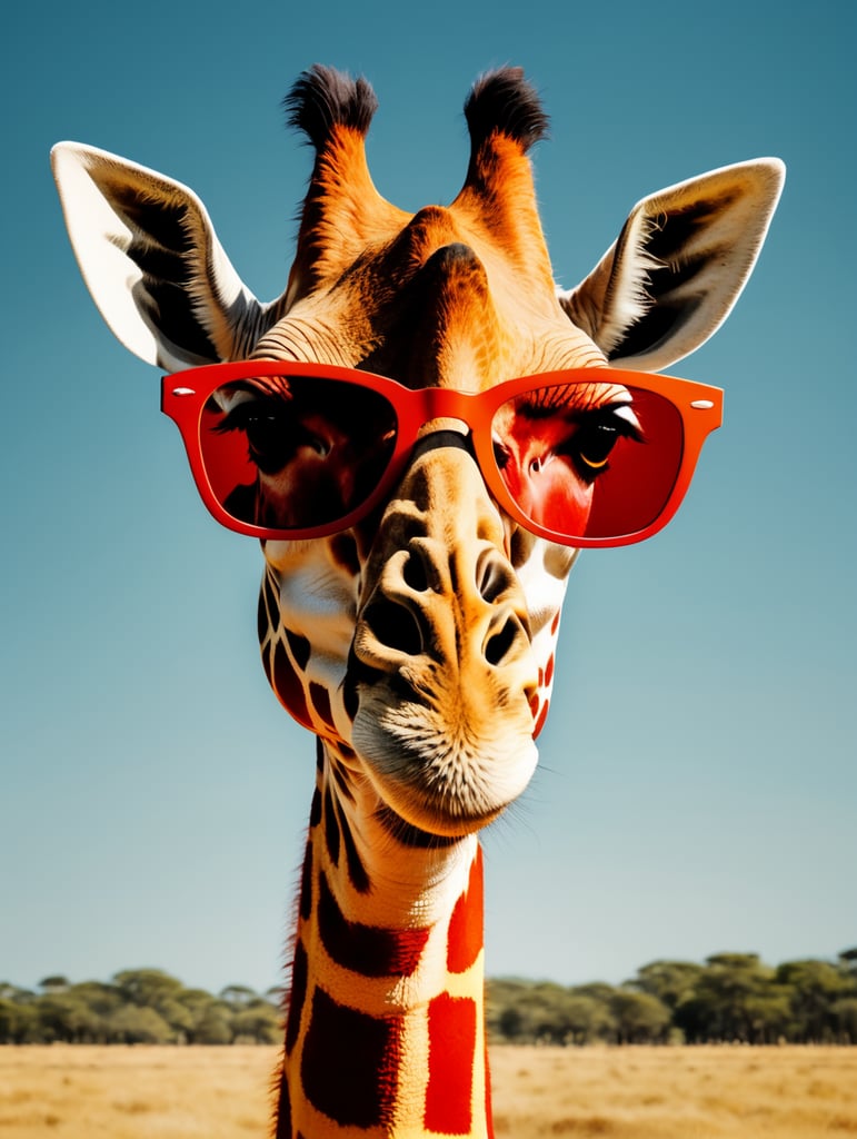 ashion giraffe with sunglasses, in the style of yellow and red, graphic design influence, kodak ektar 100, imax, lighthearted, 1970–present,
