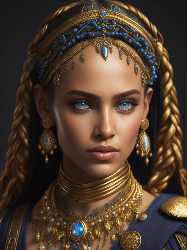 a sultana, golden braids, blue eyes, a Russian girl, a lot of jewelry. gold.